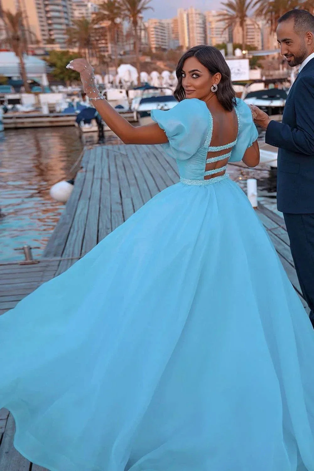 Gorgeous Long Mermaid Puffy Sleeves Sequins Prom Dress With Detachable Tulle Train - Image 4