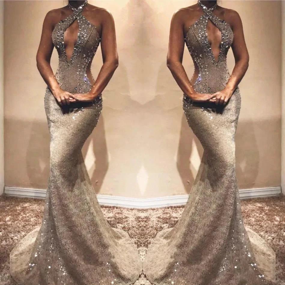 Gorgeous Long Mermaid Sexy Lace Sequined Sleeveless Prom Dress - Image 3