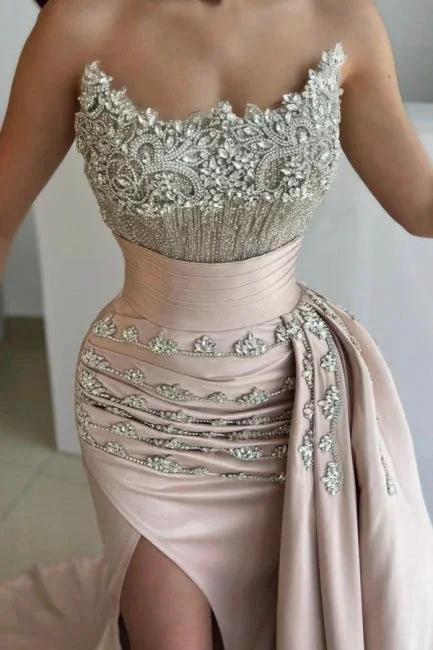 Gorgeous Long Mermaid Strapless Satin Jewels Prom Dress with Side Slit - Image 2