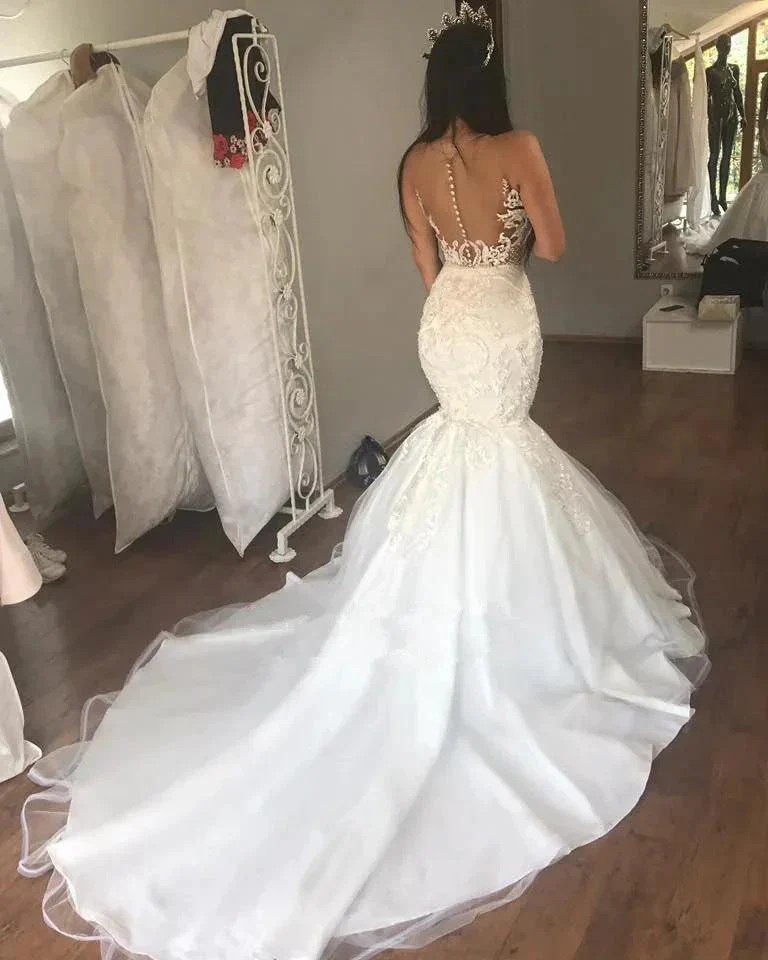 Gorgeous Long Mermaid Sweetheart Lace Buttons Backless Wedding Dress - Image 2