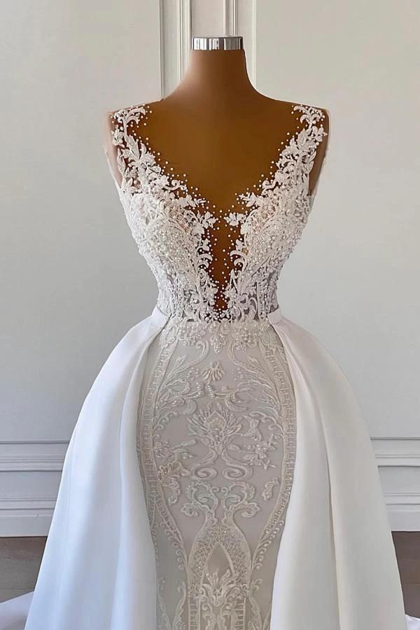Gorgeous Long Mermaid V-neck Lace Wedding Dresses with Satin Detachable Train - Image 2