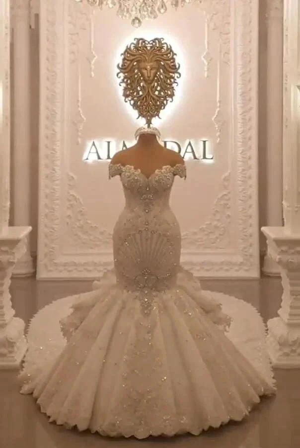 Gorgeous Long Off the Shoulder Crystal Backless Mermaid Wedding Dresses - Image 2