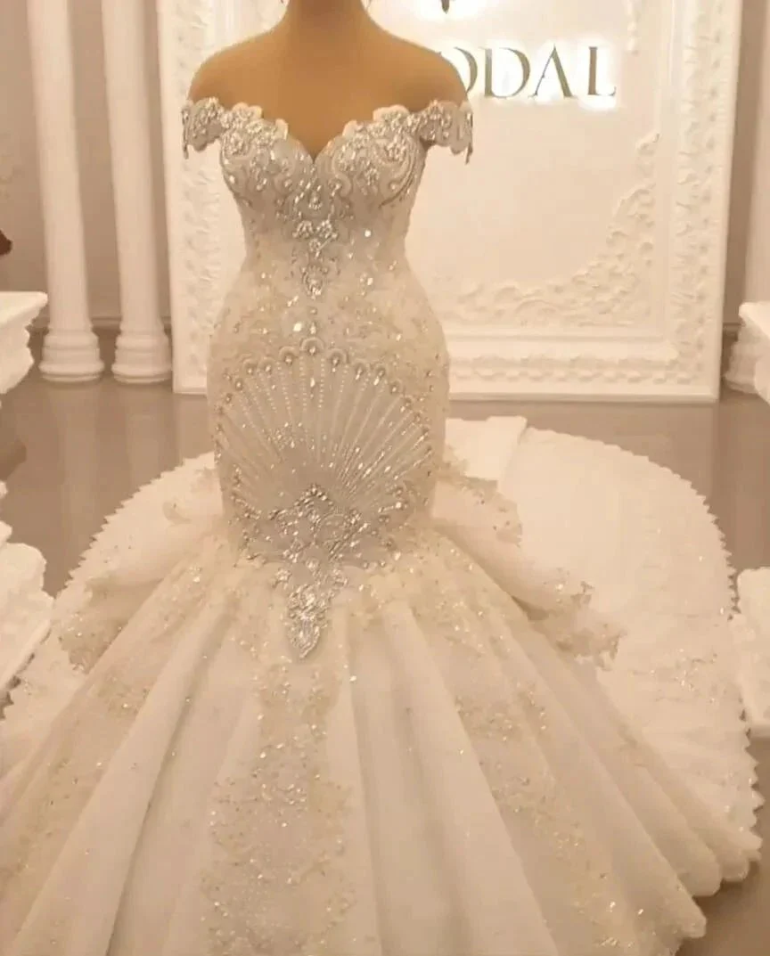 Gorgeous Long Off the Shoulder Crystal Backless Mermaid Wedding Dresses - Image 3