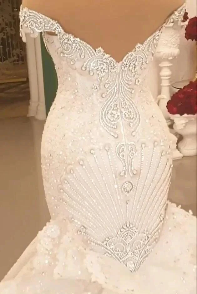 Gorgeous Long Off the Shoulder Crystal Backless Mermaid Wedding Dresses - Image 4