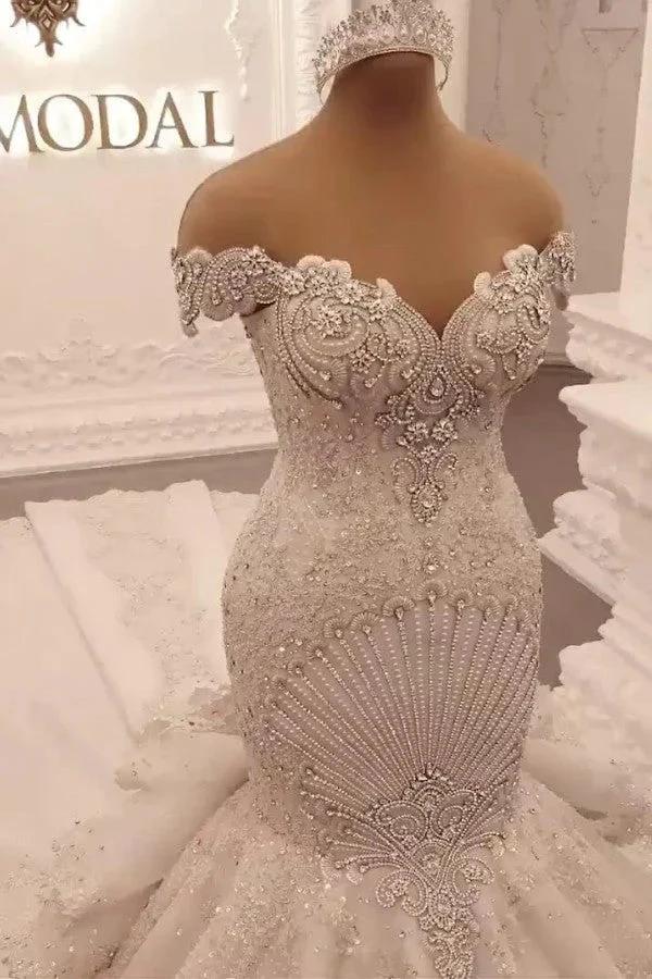Gorgeous Long Off the Shoulder Crystal Backless Mermaid Wedding Dresses - Image 5