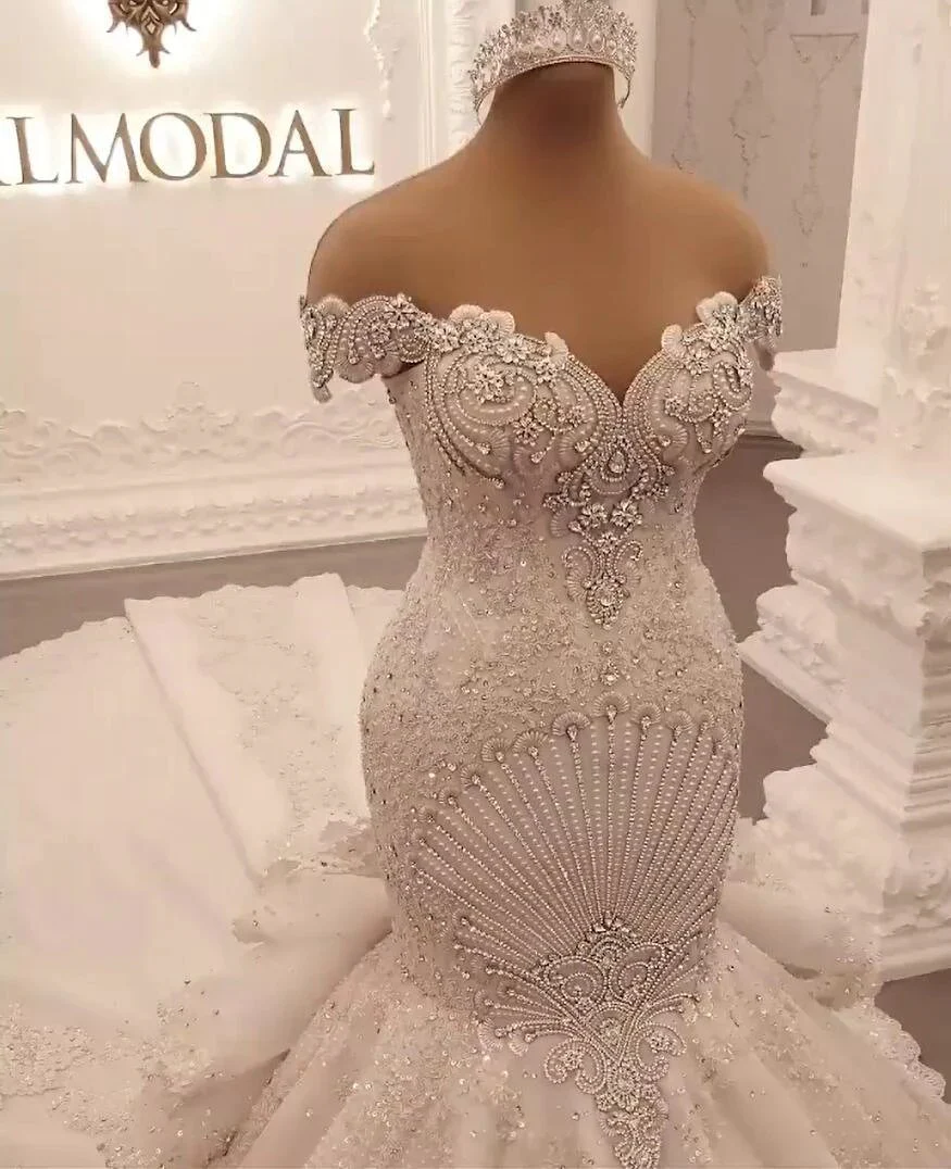 Gorgeous Long Off the Shoulder Crystal Backless Mermaid Wedding Dresses - Image 6