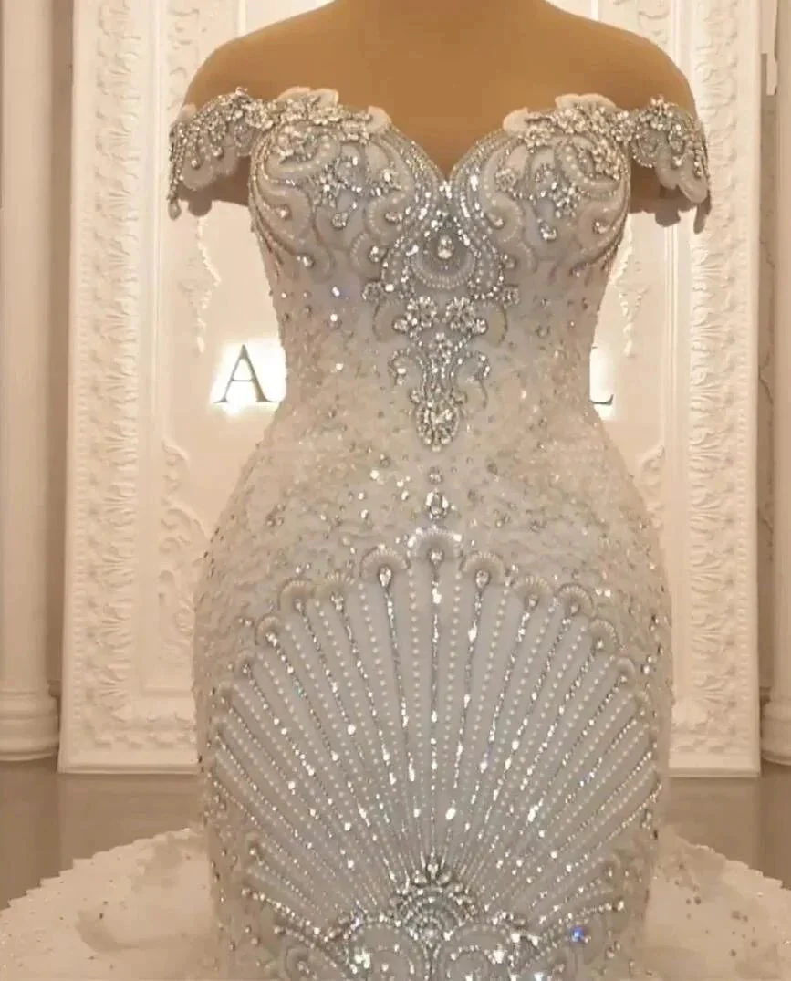 Gorgeous Long Off the Shoulder Crystal Backless Mermaid Wedding Dresses - Image 7