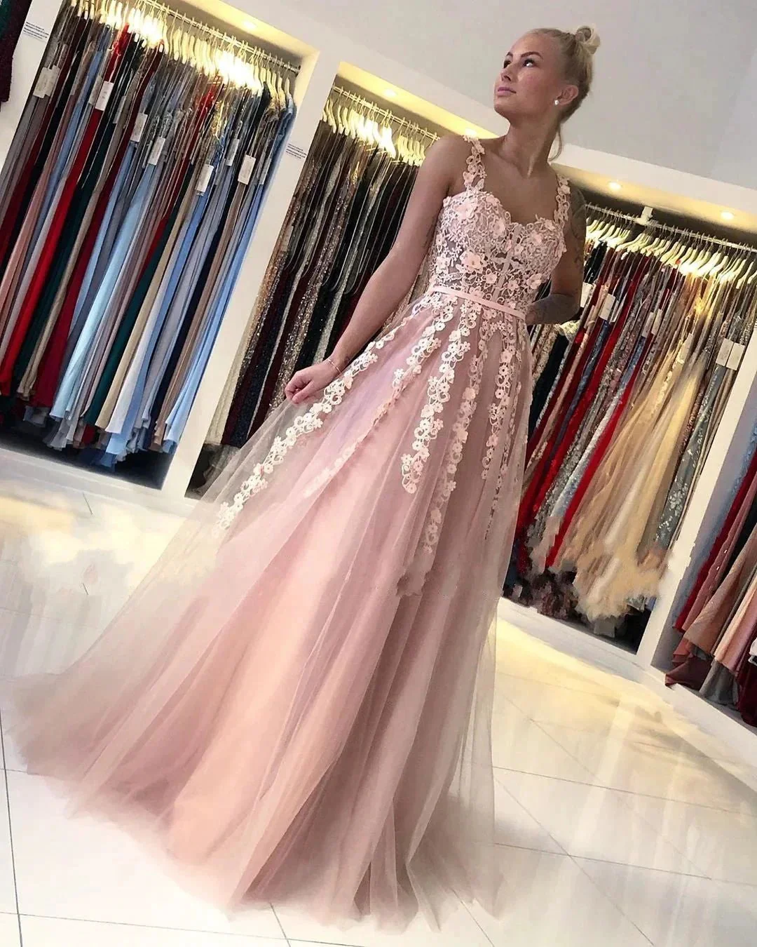 Gorgeous Long Open Back Tulle Lace A-line Prom Dress - Image 2