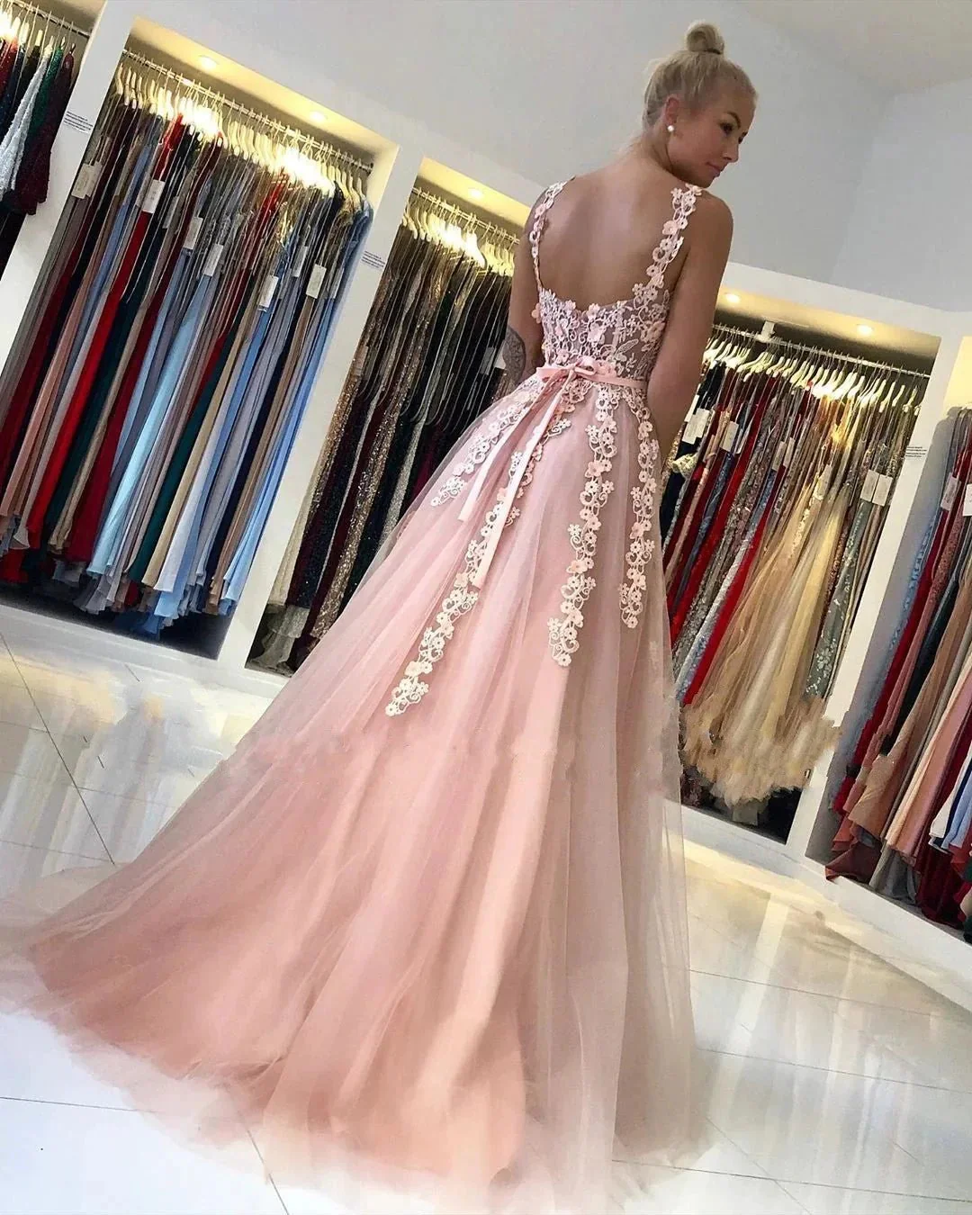 Gorgeous Long Open Back Tulle Lace A-line Prom Dress - Image 3