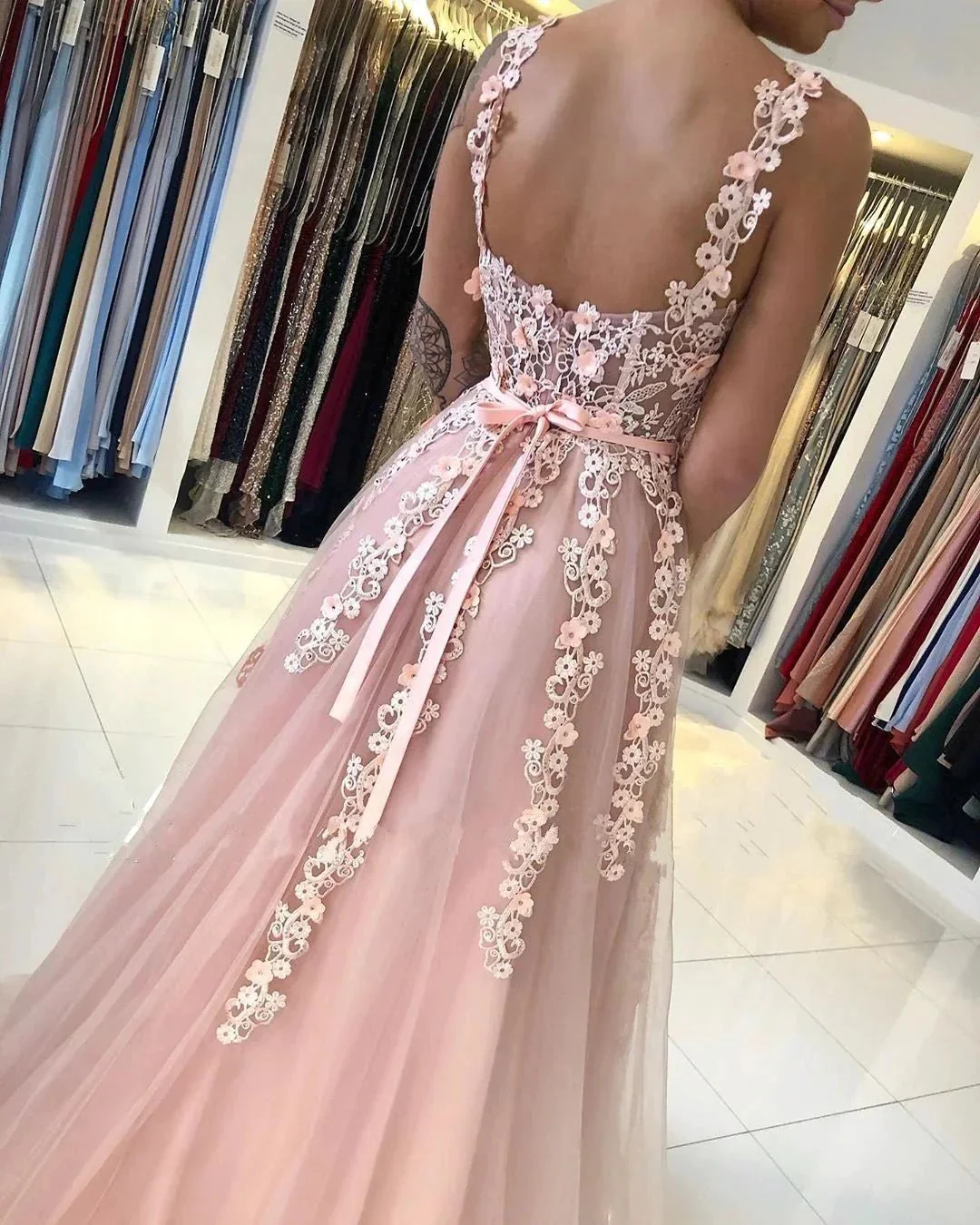 Gorgeous Long Open Back Tulle Lace A-line Prom Dress - Image 4