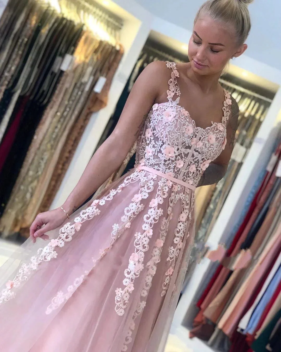 Gorgeous Long Open Back Tulle Lace A-line Prom Dress - Image 5