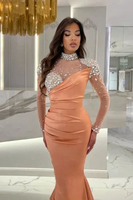 Gorgeous Long Orange Mermaid High Neck Prom Dress with Long Sleeves - Image 2