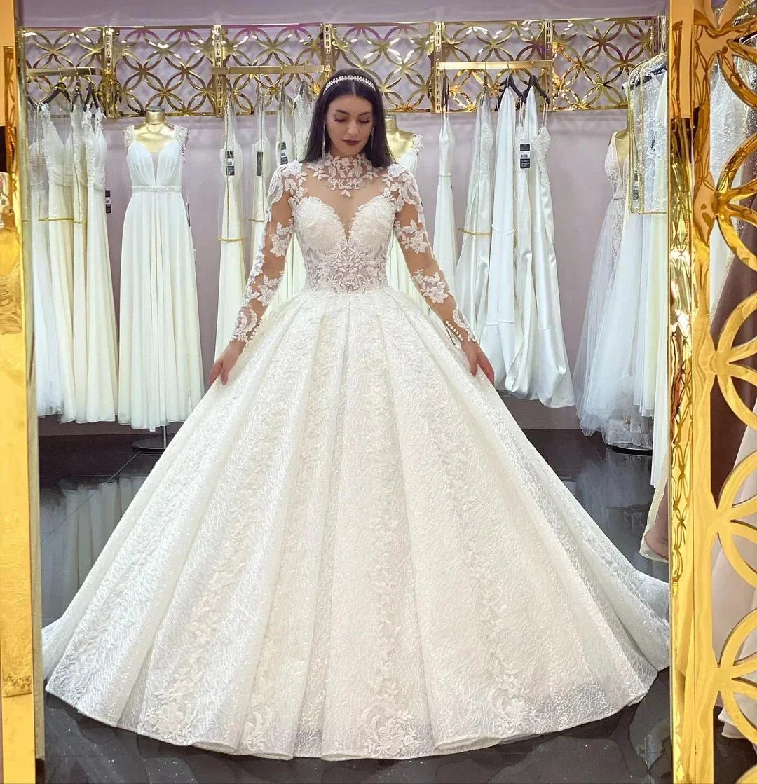 Gorgeous Long Princess High-neck Lace Appliques Wedding Dress with Sleeves - Image 2