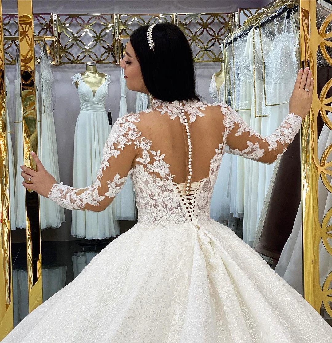Gorgeous Long Princess High-neck Lace Appliques Wedding Dress with Sleeves - Image 4