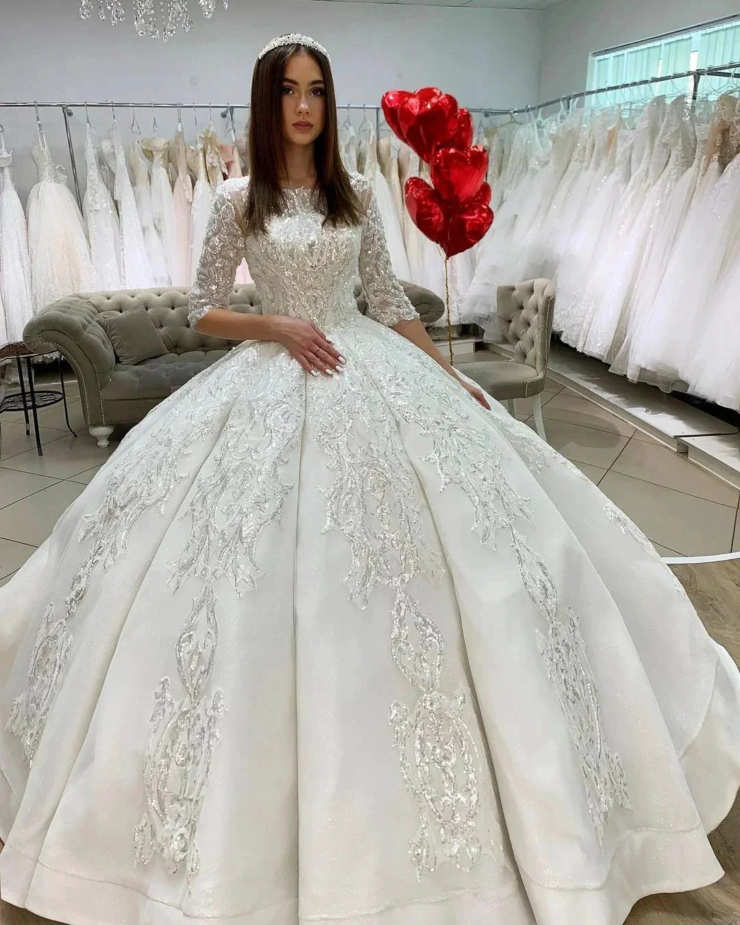 Gorgeous Long Princess Satin Bateau Appliques Lace Wedding Dress with Sleeves - Image 2