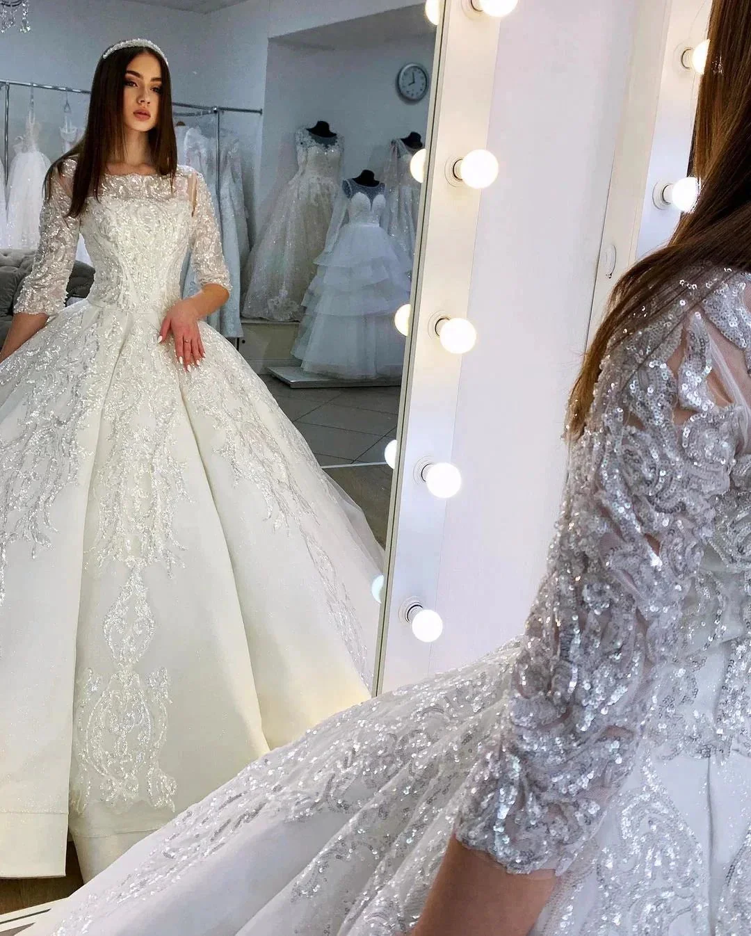 Gorgeous Long Princess Satin Bateau Appliques Lace Wedding Dress with Sleeves - Image 3