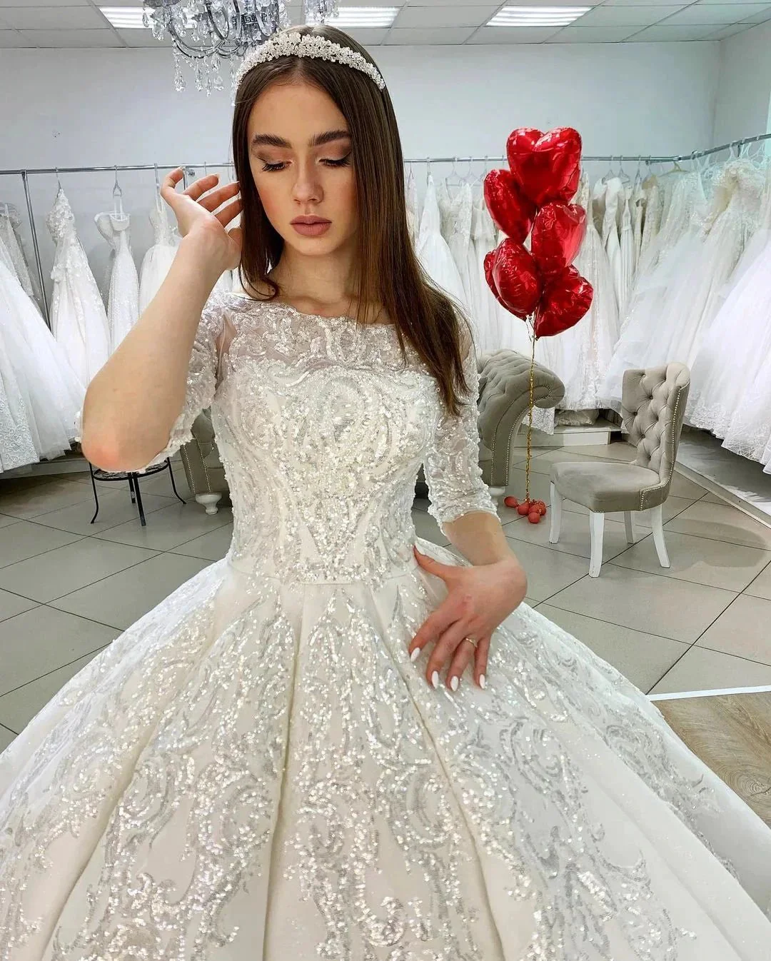 Gorgeous Long Princess Satin Bateau Appliques Lace Wedding Dress with Sleeves - Image 4