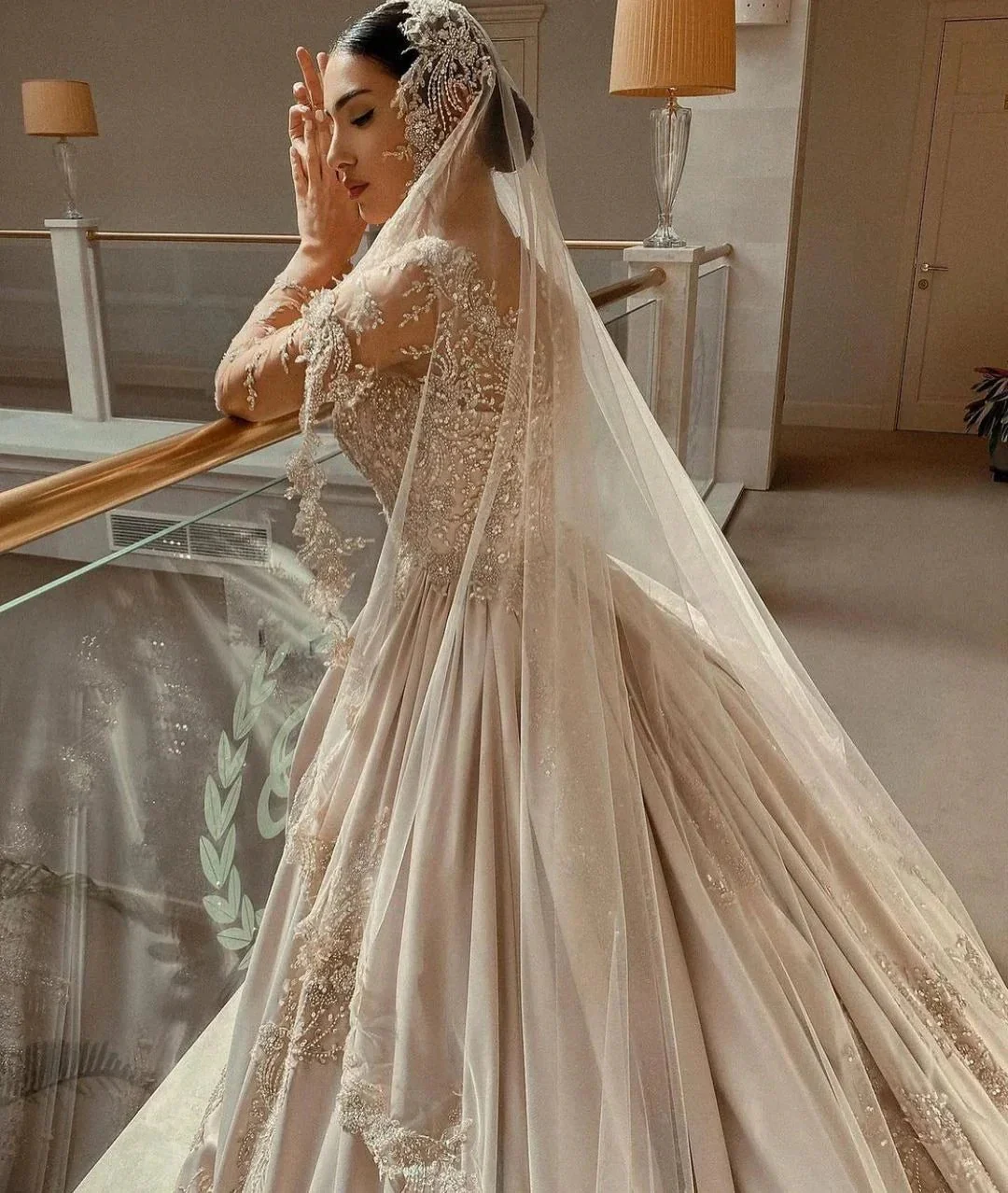 Gorgeous Long Princess Sweetheart Beading Pearl Satin Wedding Dress with Sleeves - Image 3