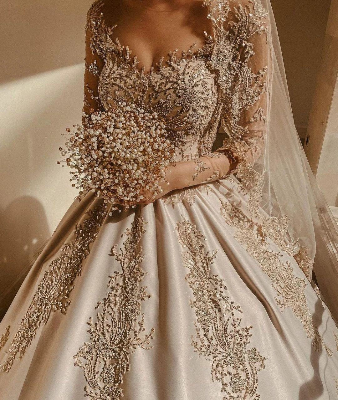 Gorgeous Long Princess Sweetheart Beading Pearl Satin Wedding Dress with Sleeves - Image 4