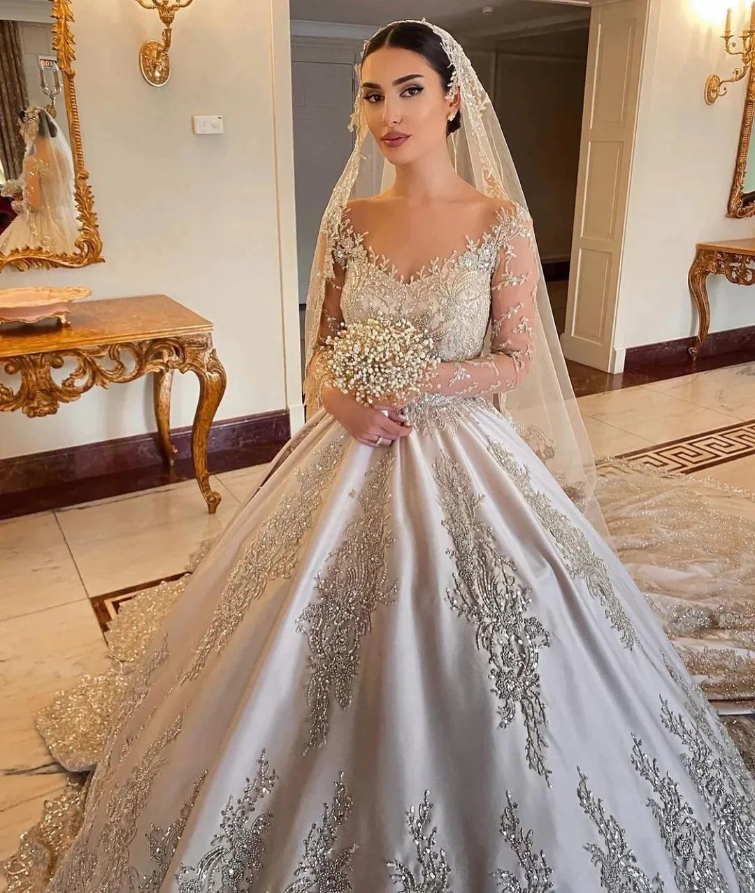 Gorgeous Long Princess Sweetheart Beading Pearl Satin Wedding Dress with Sleeves - Image 5