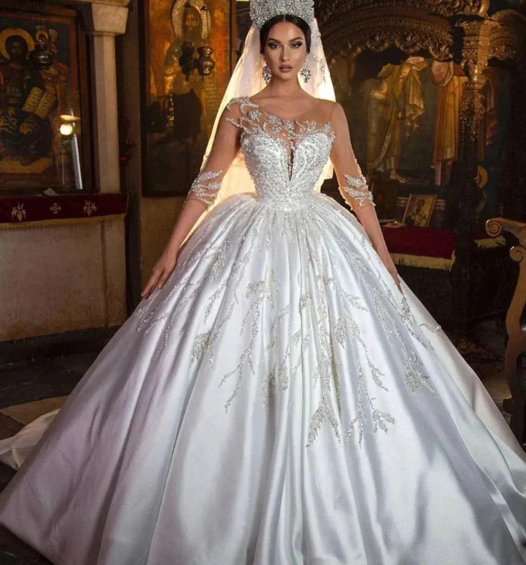 Gorgeous Long Princess Sweetheart Satin Wedding Dress with Sleeves - Image 2