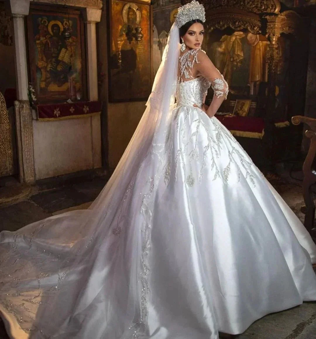 Gorgeous Long Princess Sweetheart Satin Wedding Dress with Sleeves - Image 3