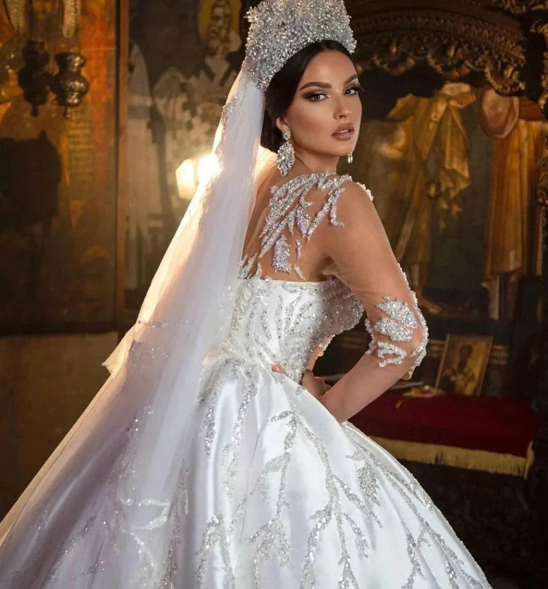 Gorgeous Long Princess Sweetheart Satin Wedding Dress with Sleeves - Image 4