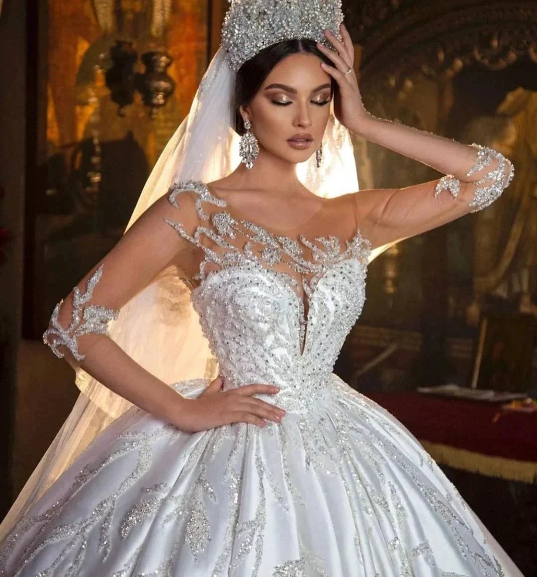 Gorgeous Long Princess Sweetheart Satin Wedding Dress with Sleeves - Image 5