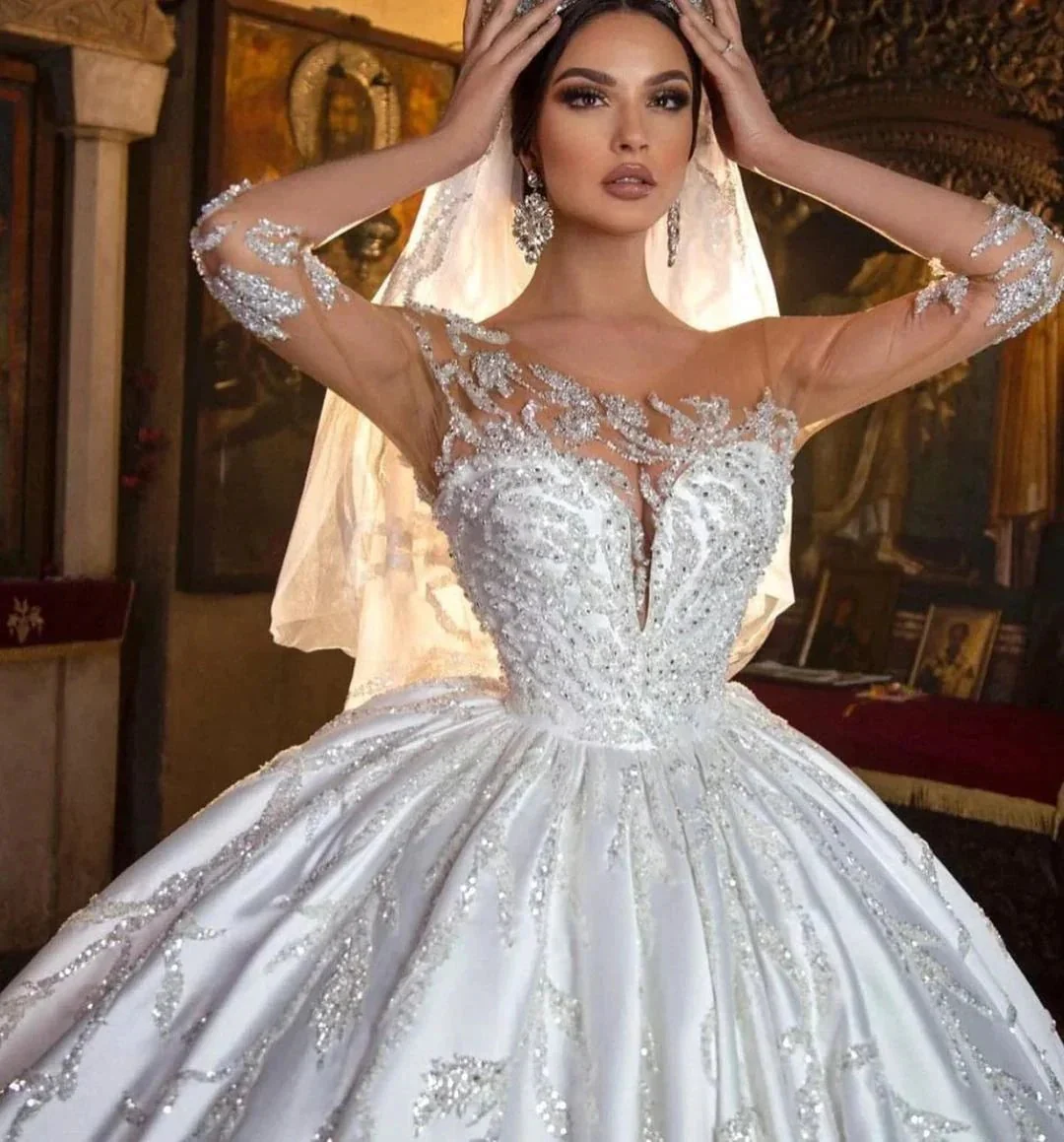 Gorgeous Long Princess Sweetheart Satin Wedding Dress with Sleeves - Image 6
