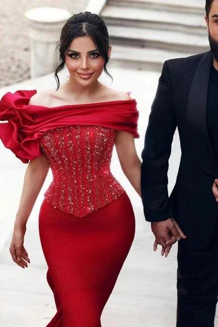 Gorgeous Long Red Mermaid Off-the-shoulder Sequined Beading Prom Dresses with Lace - Image 2