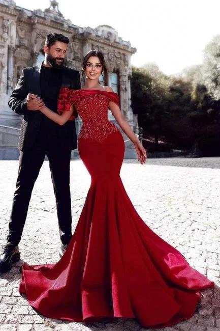 Gorgeous Long Red Mermaid Off-the-shoulder Sequined Beading Prom Dresses with Lace - Image 3