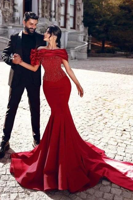 Gorgeous Long Red Mermaid Off-the-shoulder Sequined Beading Prom Dresses with Lace - Image 4
