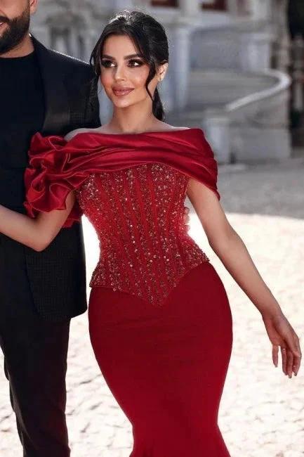 Gorgeous Long Red Mermaid Off-the-shoulder Sequined Beading Prom Dresses with Lace - Image 5