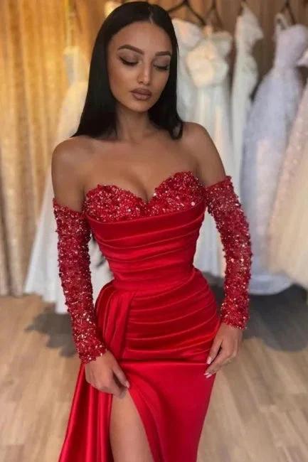 Gorgeous Long Red Mermaid Sweetheart Sequined Beading Long Sleeves Prom Dress with Slit - Image 2