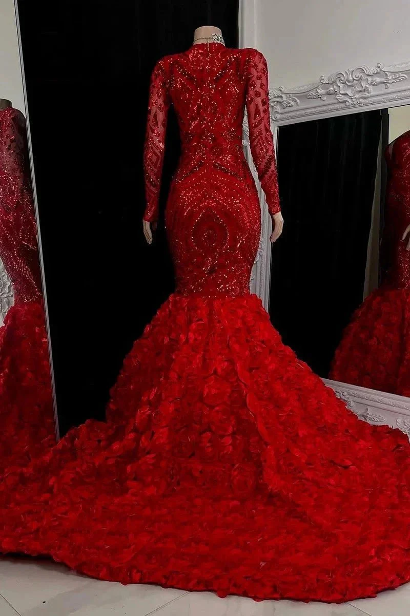Gorgeous Long Red Mermaid V-neck Lace Prom Dress With Long Sleeves - Image 2