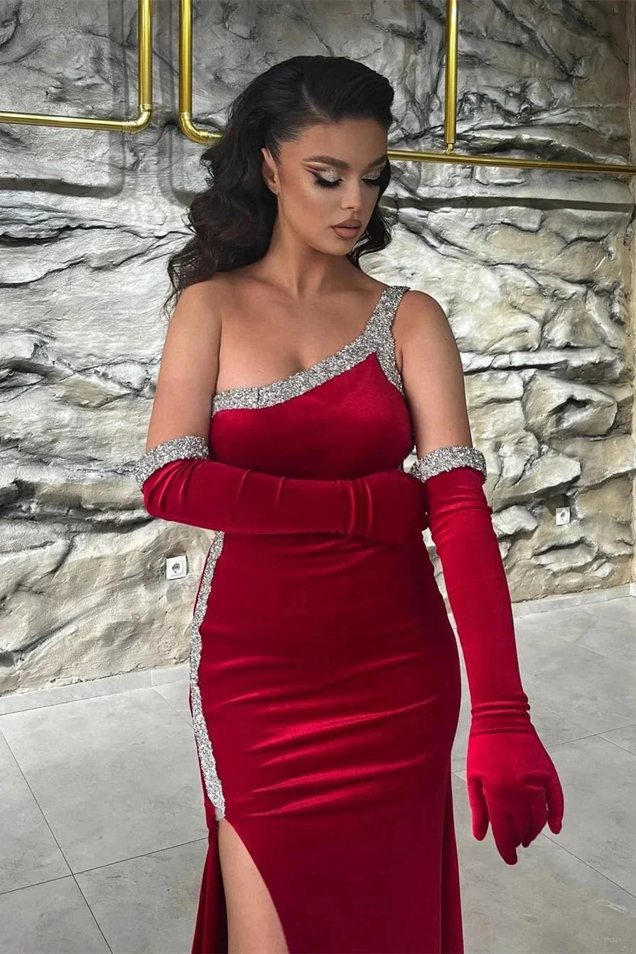 Gorgeous Long Red One Shoulder Sequined Sleeveless Prom Dress With Slit - Image 3