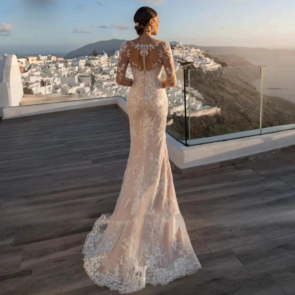 Gorgeous Long Sleeve Lace Mermaid Wedding Dresses  Luxury Appliques Button Removable Train Horn Bridal Gowns Robe De Mariée - Image 4