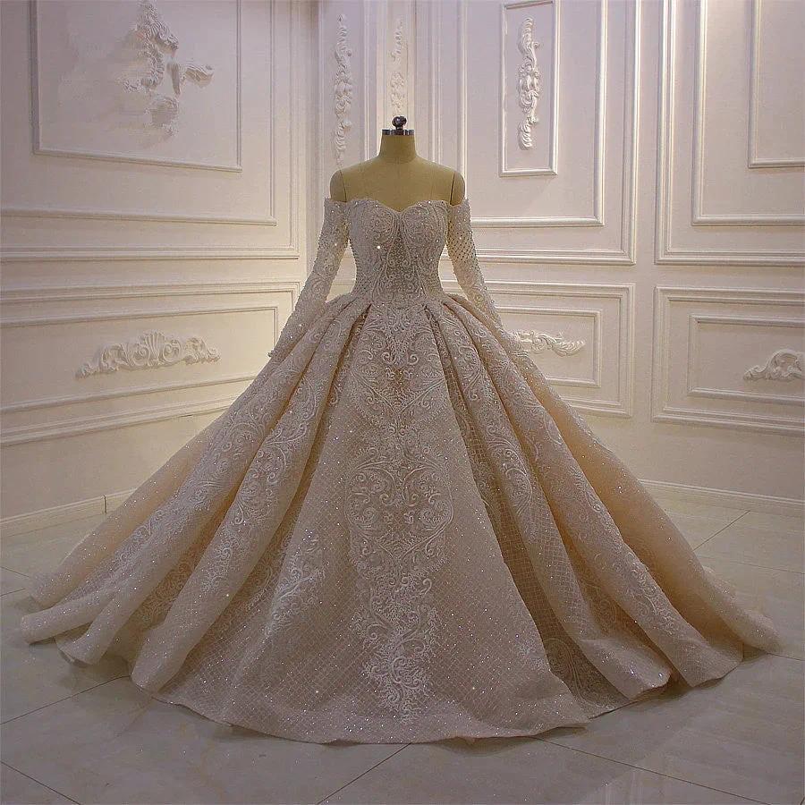 Gorgeous Long Sleeve Off the Shoulder Appliques Lace Ball Gown Wedding Dress - Image 2