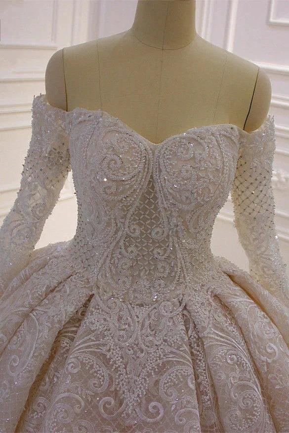 Gorgeous Long Sleeve Off the Shoulder Appliques Lace Ball Gown Wedding Dress - Image 3