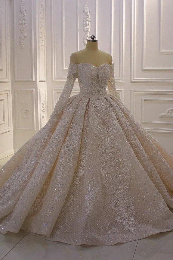 Gorgeous Long Sleeve Off the Shoulder Appliques Lace Ball Gown Wedding Dress - Image 4