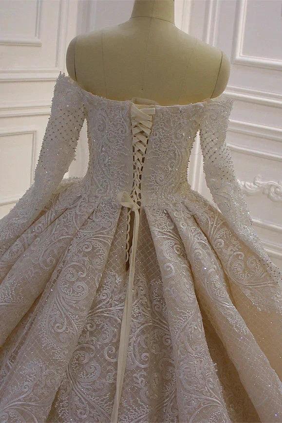 Gorgeous Long Sleeve Off the Shoulder Appliques Lace Ball Gown Wedding Dress - Image 5