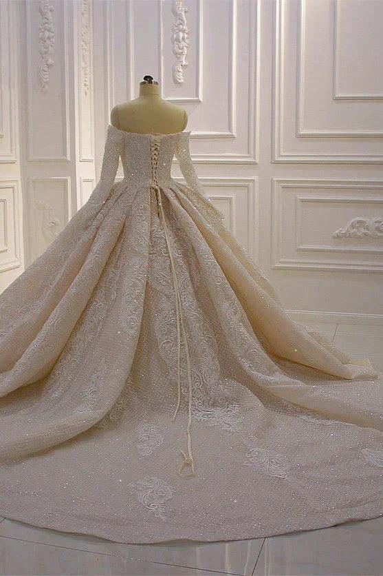 Gorgeous Long Sleeve Off the Shoulder Appliques Lace Ball Gown Wedding Dress - Image 6