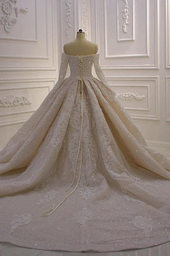Gorgeous Long Sleeve Off the Shoulder Appliques Lace Ball Gown Wedding Dress - Image 7