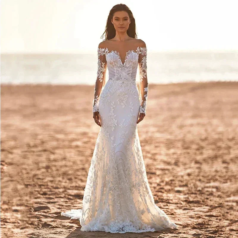 Gorgeous Long Sleeve Women's Wedding Dresses Elegant Lace Applique Off Shoulder Bridal Dress Mermaid Formal Beach Button Robe De - Image 2