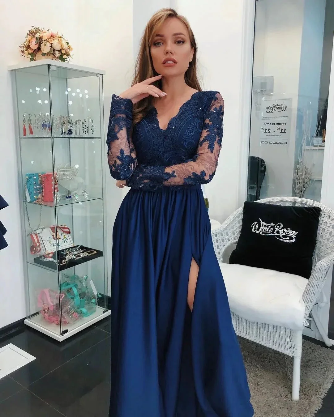 Gorgeous Long Sleeves A-Line Chiffon Blue Prom Dresses with Slit - Image 2
