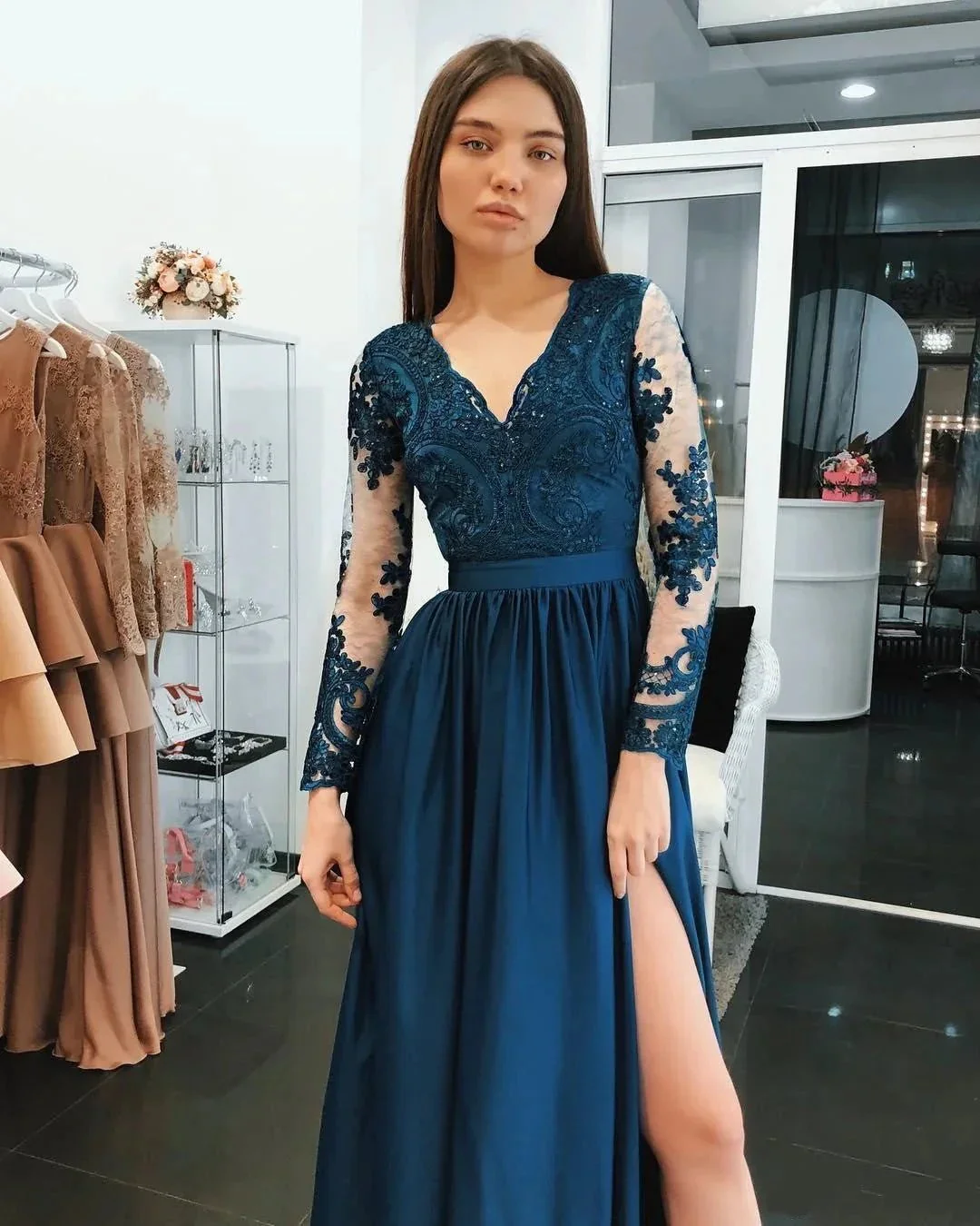 Gorgeous Long Sleeves A-Line Chiffon Blue Prom Dresses with Slit - Image 3