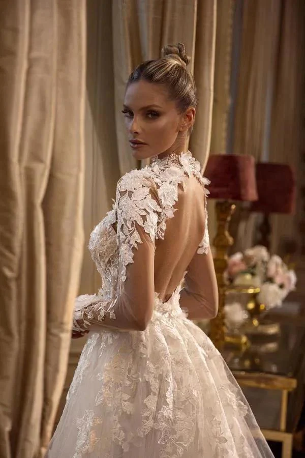 Gorgeous Long Sleeves A-line Jewel Tulle Lace Backless Wedding Dresses with Slit - Image 2