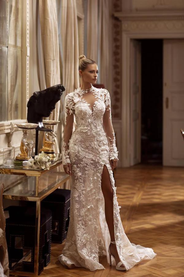 Gorgeous Long Sleeves A-line Jewel Tulle Lace Backless Wedding Dresses with Slit - Image 3