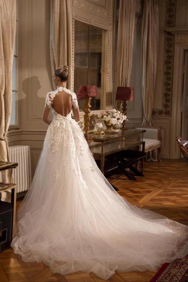 Gorgeous Long Sleeves A-line Jewel Tulle Lace Backless Wedding Dresses with Slit - Image 4