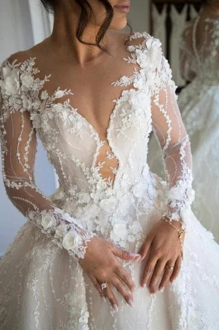 Gorgeous Long Sleeves Soft Floral Lace Bridal Gown V-Neck Wedding Dress - Image 3